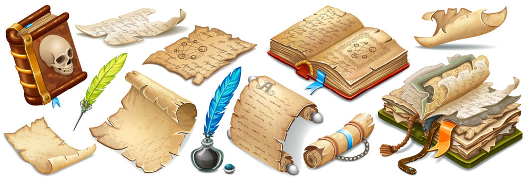 Set isometric books of magic spells and witchcraft, royal scrolls and parchments, old sheets of paper for computer game. Fairy tale icon in cartoon style. Isolated 3d vector illustration.