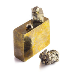 Several types of natural pyrite cube and druze on white background isolated