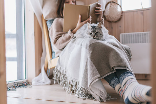 Girl relaxing with cat in cabin