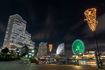 Urban skyline of Minato Mirai 21 area of Yokohama City at night in Kanagawa, Japan. Yokohama is the second largest city in Japan by population and most populous municipality.