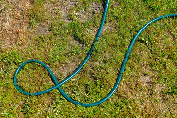 green water pipe laying on green grass