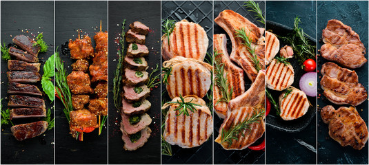 Collage. Steak and meat on a black background. Top view. - obrazy, fototapety, plakaty