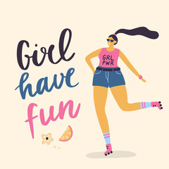 Happy plus size girl on the rollers. Attractive body positive woman can use for banner, site or landing page. Vector illustration.