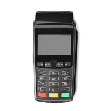 Modern payment terminal on white background, top view