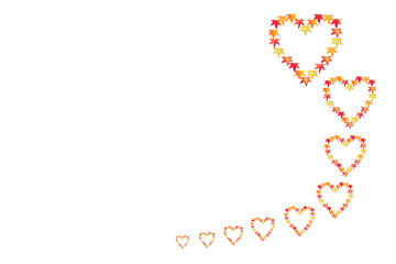 Red oak autumn leaves in the shape of  hearts on white background.