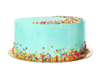 Fresh delicious birthday cake on white background