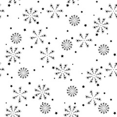 Christmas, new year seamless pattern, snowflakes line illustration. Vector icons of winter holidays, cold season snowfall. Celebration party black white repeated background.