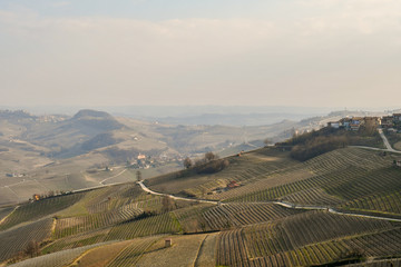 Fototapeta na wymiar Panoramic view of the Langhe hills with vineyards and the famous village of Barolo in the background, La Morra, Piedmont, Italy 