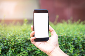 woman's hand holding smart phone with blur background. selective focus and soft focus.