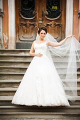Obraz premium Beautiful european bride walking near old castle and have fun