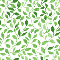 Raster Seamless Pattern. Green Leaves classic foliage. Watercolor Hand Drawn Gift Wrapping or Scrapbook. Fabric textile and Surface Design. Spring motif