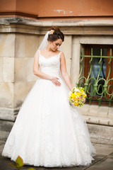 Obraz premium Beautiful bride in wedding dress near castle
