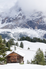 white,blue,house,holiday,forest,snow,sky,tourism,outdoor,travel,mountain,nature,mountains,alpine,landscape,snowy,meadows,log cabin,alps,italy,europe,winter