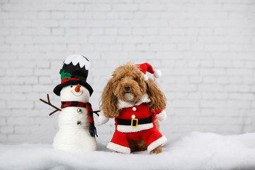 Christmas Puppy Dog in Santa Suit with Snowman on White Brick Wall