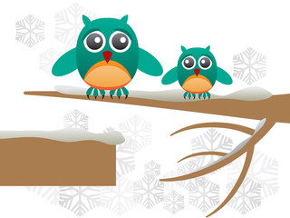 Greeting card with cute owls over branch covered with snow - Vector Illustration