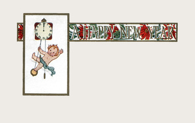 Fototapeta na wymiar Baby New Year hanging on clock No a happy new year