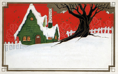 Vintage Illustration Christmas  New Years  house with snow Copy Space