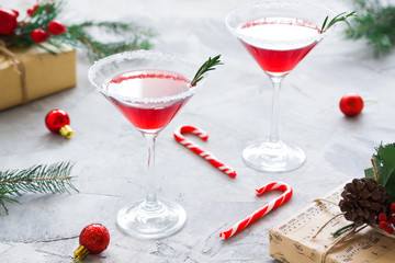 Christmas party composition with drinks in red colors