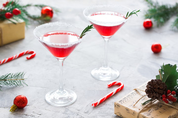 Christmas party composition with drinks in red colors