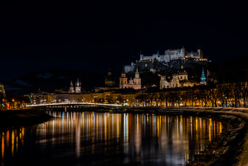 night view of Salzburg during winter time 