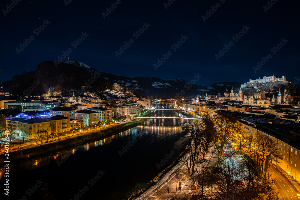 Sticker night view of the old town of salzburg