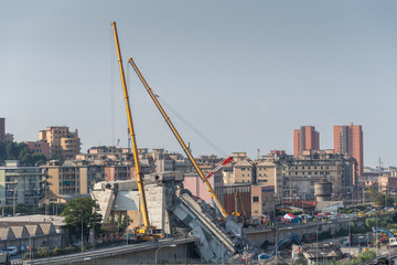 Genoa (Genova), Italy, what is left of collapsed Morandi Bridge (Polcevera viaduct) connecting A10...