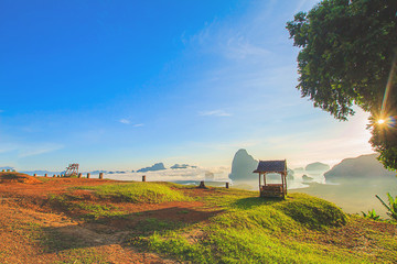 Morning light tour with mountains near the sea, Samed Nang Chee viewpoint tropical zone in Phang Nga Thailand.