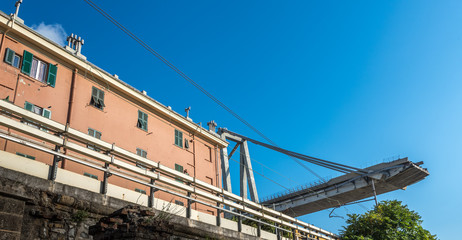 Genoa (Genova), Italy, what is left of collapsed Morandi Bridge (Polcevera viaduct) connecting A10 motorway after structural failure causing 43 casualties on August 14, 2018