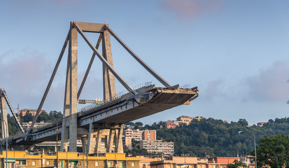 Genoa (Genova), Italy, what is left of collapsed Morandi Bridge (Polcevera viaduct) connecting A10 motorway after structural failure causing 43 casualties on August 14, 2018