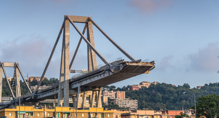 Genoa (Genova), Italy, what is left of collapsed Morandi Bridge (Polcevera viaduct) connecting A10...