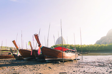 Thai Long tail boat Morning sky blue sky at Samed Nang Chee scenic spot Tropical area in Phang Nga Thailand