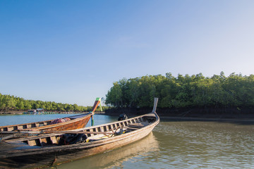 View of the community Samed Nang Chee Harbor in the village banhin rom co-operation pier, with the viewpoint of tropical Phang Nga Thailand.