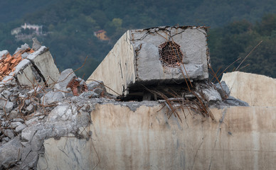 Genoa (Genova), Italy, what is left of collapsed Morandi Bridge (Polcevera viaduct) connecting A10 motorway after structural failure causing 43 casualties on August 14, 2018