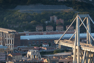 Genoa (Genova), Italy, what is left of collapsed Morandi Bridge (Polcevera viaduct) connecting A10 motorway after structural failure causing 43 casualties on August 14, 2018