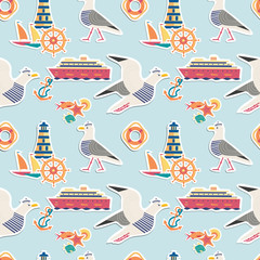 Obraz na płótnie Canvas Hand drawn maritime stickers seamless pattern. Childlike flat vector background. Quirky seagull, cute sea life design elements. Simple shape modern geometric texture illustration for fabric, wallpaper