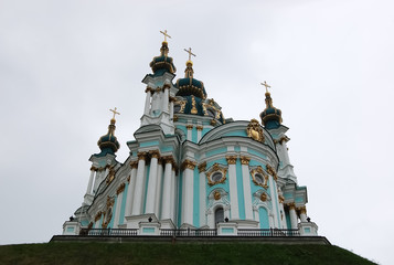 Fototapeta na wymiar View of St. Andrew's Church against the sky in Kiev..