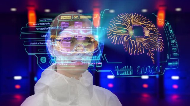 Young female computer engineer uses futuristic holographic touchscreen user interface to access information on Artificial Intelligence