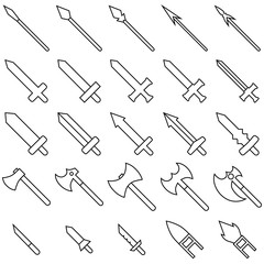 Naklejka premium Set of 25 outline weapon icons isolated on white background. Medieval weapon silhouette. Vector illustration for your design, game, card, web.