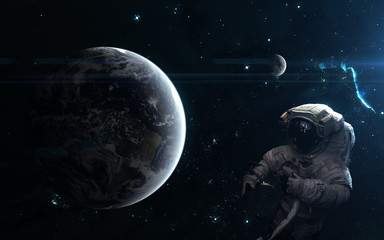 Planet Earth and the Moon. Astronaut, space landscape. Science fiction art. Elements of the image...