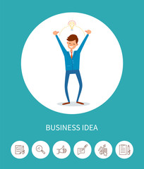 Business Idea, Man with Electric Bulb Lamp Eureka