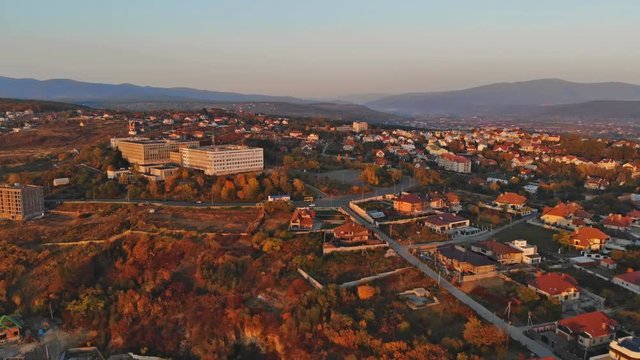Small town panoramic city view at sunset Uzhhorod Ukraine Europe