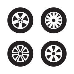 Car wheel set, tire icons, black isolated on white background, vector illustration.