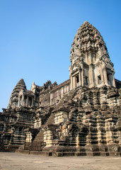 View of the main temple at Angkor wat. Originally constructed in the early 12th century, the ruins are a huge tourist attraction as well as a place of worship today