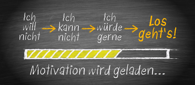 Motivation und Eigenmotivation, Ladebalken mit Text auf Kreidetafel, los gehts