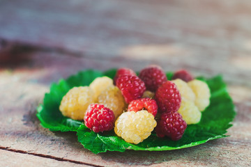 Yellow and red ripe raspberries on a sheet of raspberries lying on a wooden table on a Sunny summer day.
