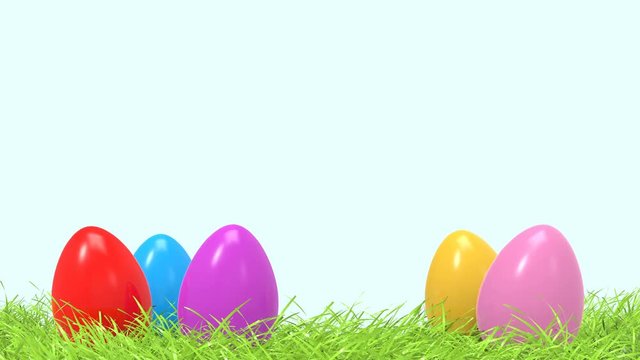 Colorful Easter eggs in spring green grass zoom with free and empty space for design or text. Easter holiday concept animation. 3D Rendering