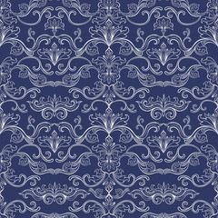 Damask Vector Seamless Pattern. Vintage Style Wallpaper, Carpet or Wrapping Paper Design. Blue Italian Medieval Floral Flourishes, Greek Flowers for Textures. Baroque Leaves for Scrapbooking.