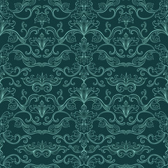 Damask Vector Seamless Pattern. Vintage Style Wallpaper, Carpet or Wrapping Paper Design. Green Italian Medieval Floral Flourishes, Greek Flowers for Textures. Baroque Leaves for Scrapbooking.