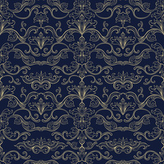 Damask Vector Seamless Pattern. Vintage Style Wallpaper, Carpet or Wrapping Paper Design. Blue and Golden Italian Medieval Floral Flourishes, Greek Flowers for Textures. Baroque Leaves