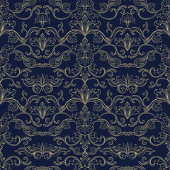 Damask Vector Seamless Pattern. Vintage Style Wallpaper, Carpet or Wrapping Paper Design. Blue and Golden Italian Medieval Floral Flourishes, Greek Flowers for Textures. Baroque Leaves